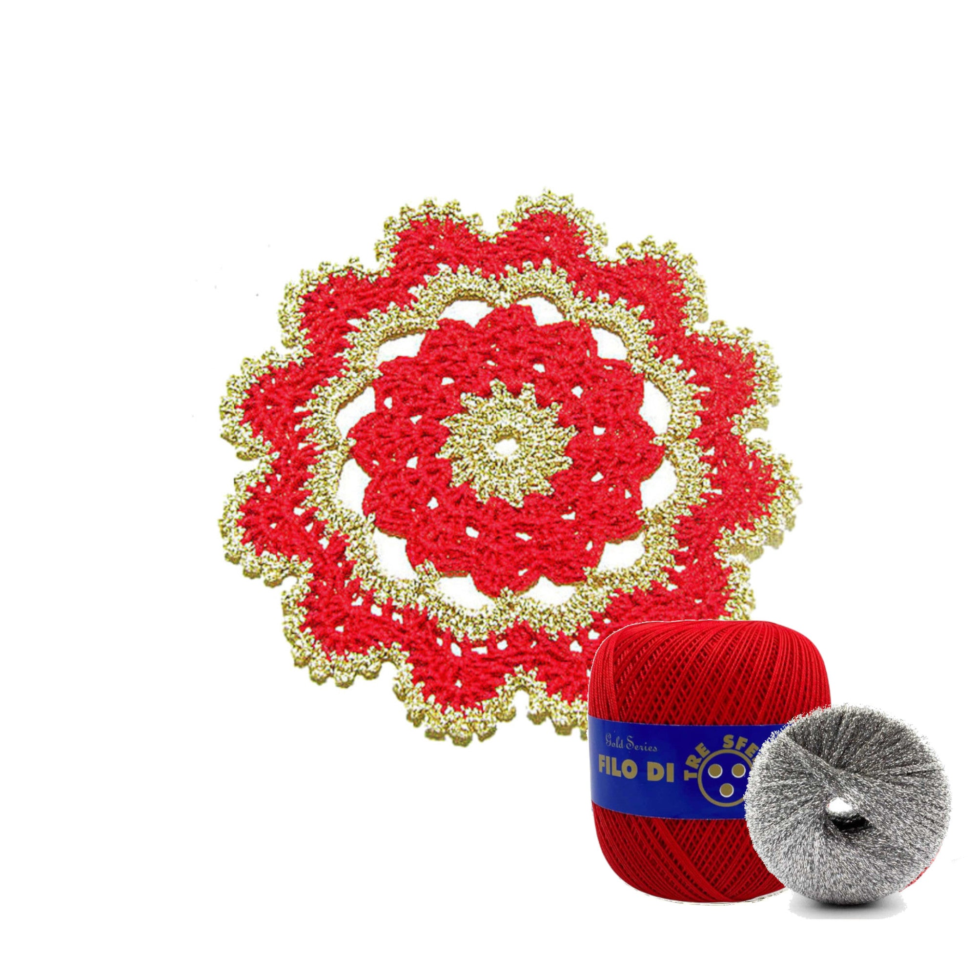 Sottobicchiere di Natale rotondo rosso e argento ad uncinetto 15.5 cm