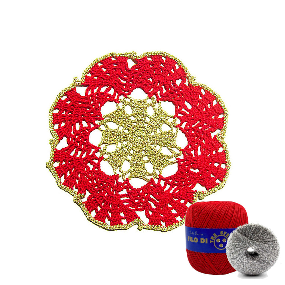 Sottobicchiere di Natale rotondo rosso e argento ad uncinetto 16 cm