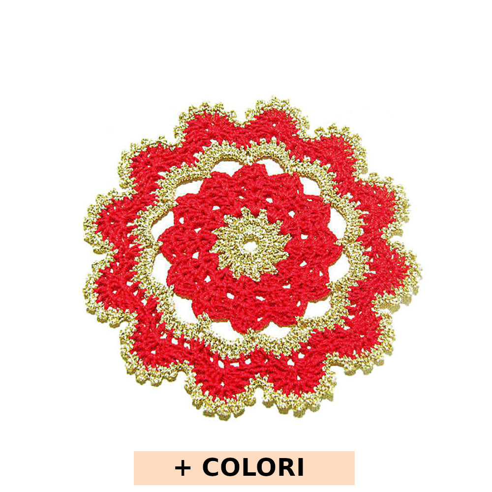 Sottobicchiere di Natale rotondo rosso e oro ad uncinetto 15.5 cm