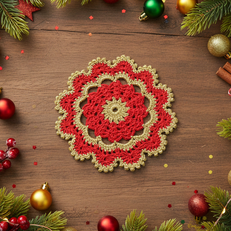 Sottobicchiere di Natale rotondo rosso e oro ad uncinetto 15.5 cm