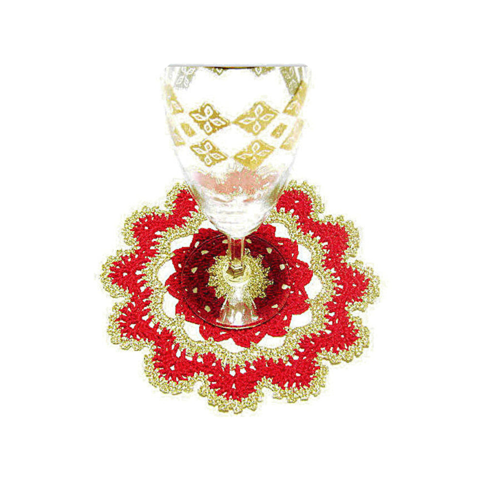Sottobicchiere di Natale rotondo rosso e oro ad uncinetto 15.5 cm