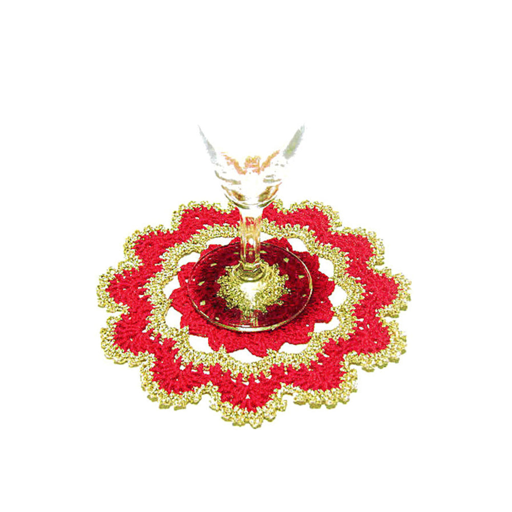 Sottobicchiere di Natale rotondo rosso e oro ad uncinetto 15.5 cm
