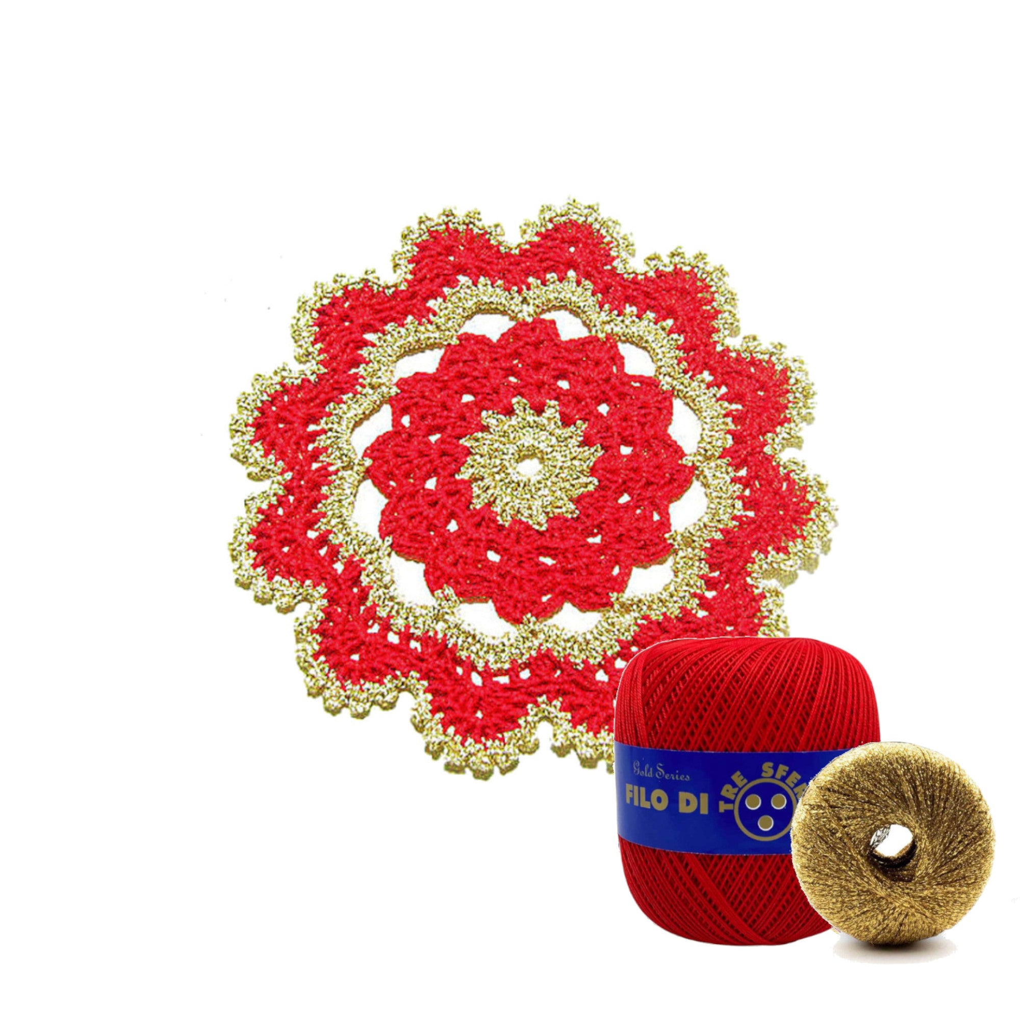 Sottobicchiere di Natale rotondo rosso e oro ad uncinetto 15.5 cm