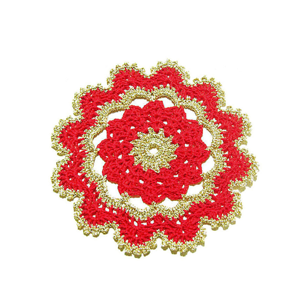 Sottobicchiere di Natale rotondo rosso e oro ad uncinetto 15.5 cm