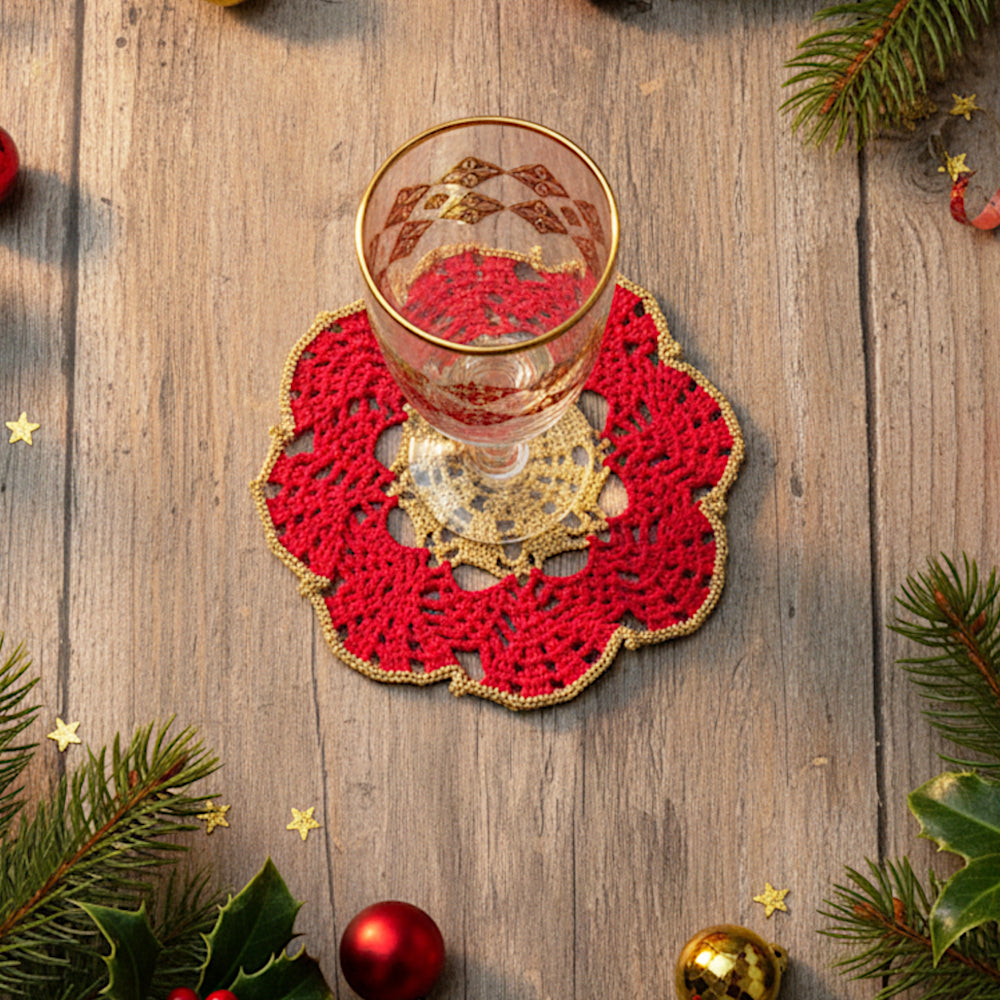 Sottobicchiere di Natale rotondo rosso e oro ad uncinetto 16 cm