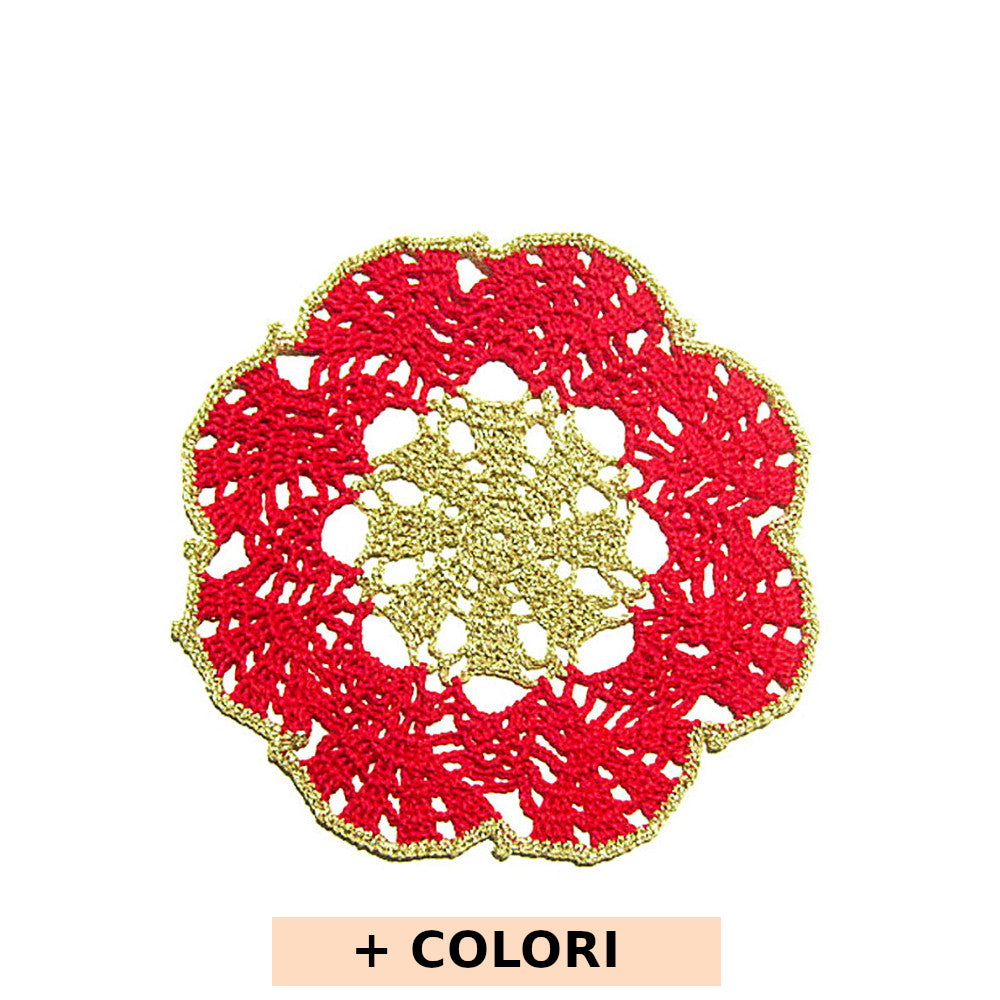 Sottobicchiere di Natale rotondo rosso e oro ad uncinetto 16 cm