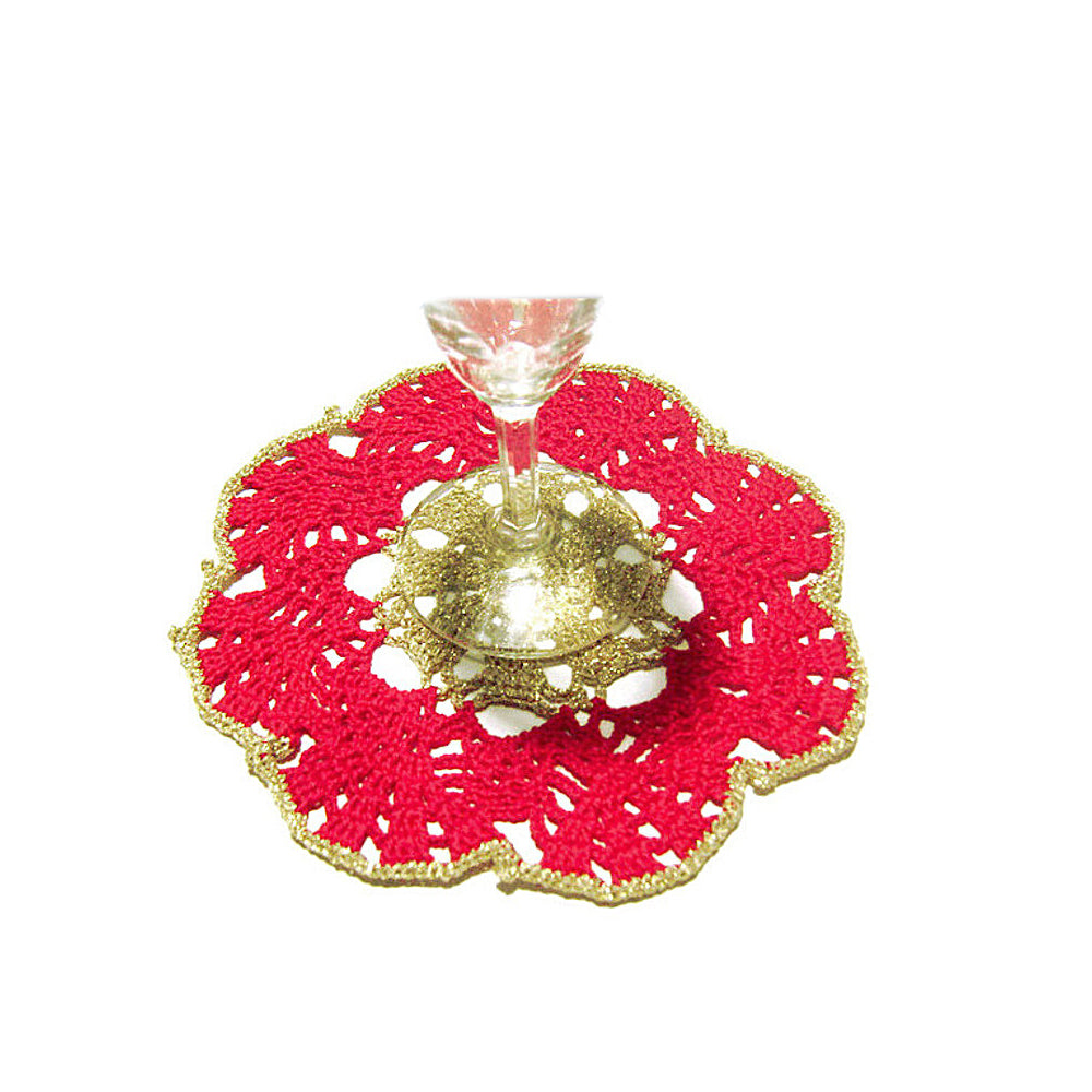 Sottobicchiere di Natale rotondo rosso e oro ad uncinetto 16 cm