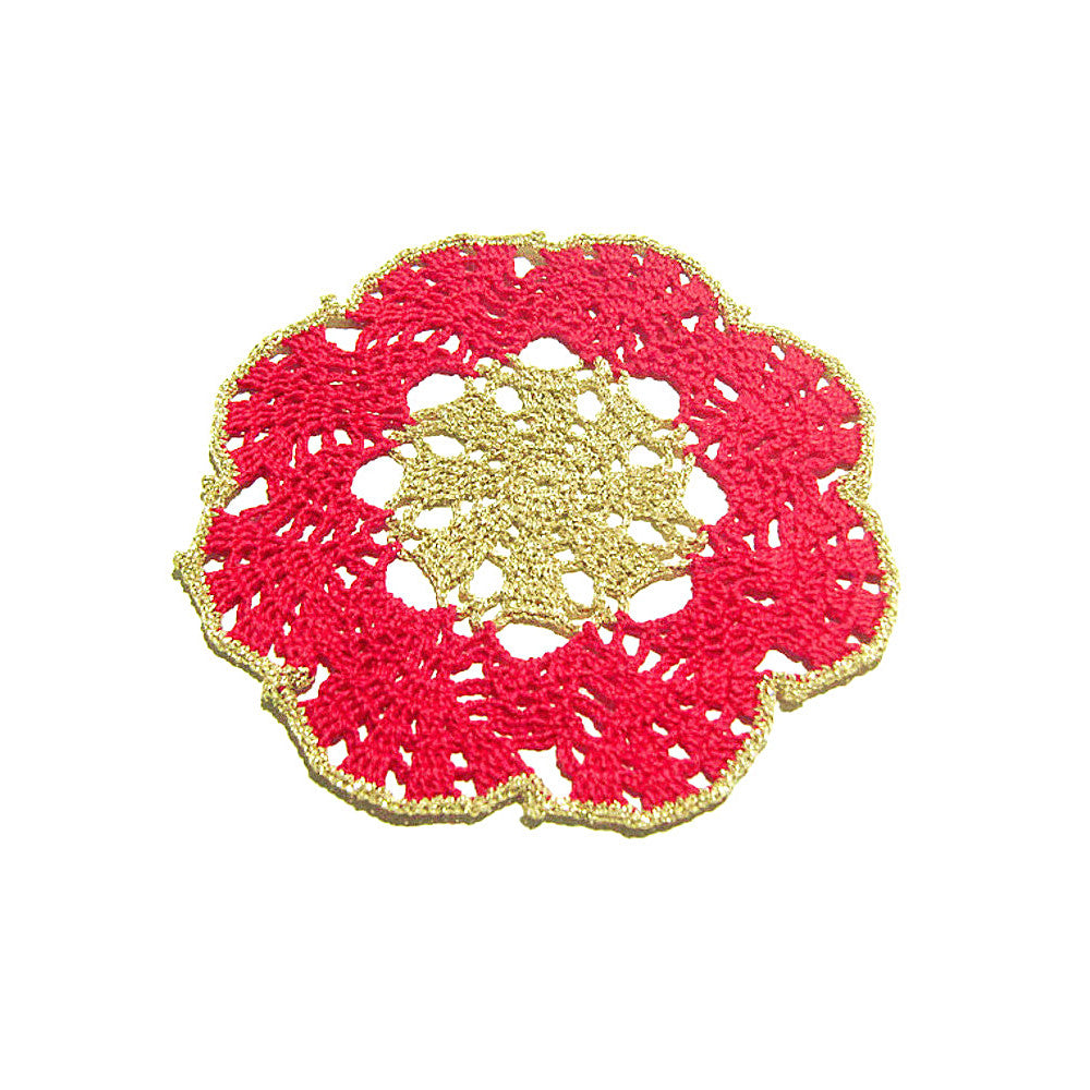 Sottobicchiere di Natale rotondo rosso e oro ad uncinetto 16 cm