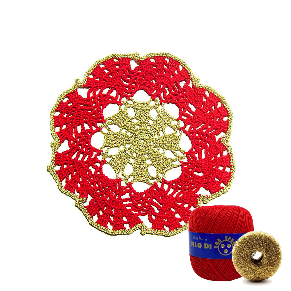 Sottobicchiere di Natale rotondo rosso e oro ad uncinetto 16 cm