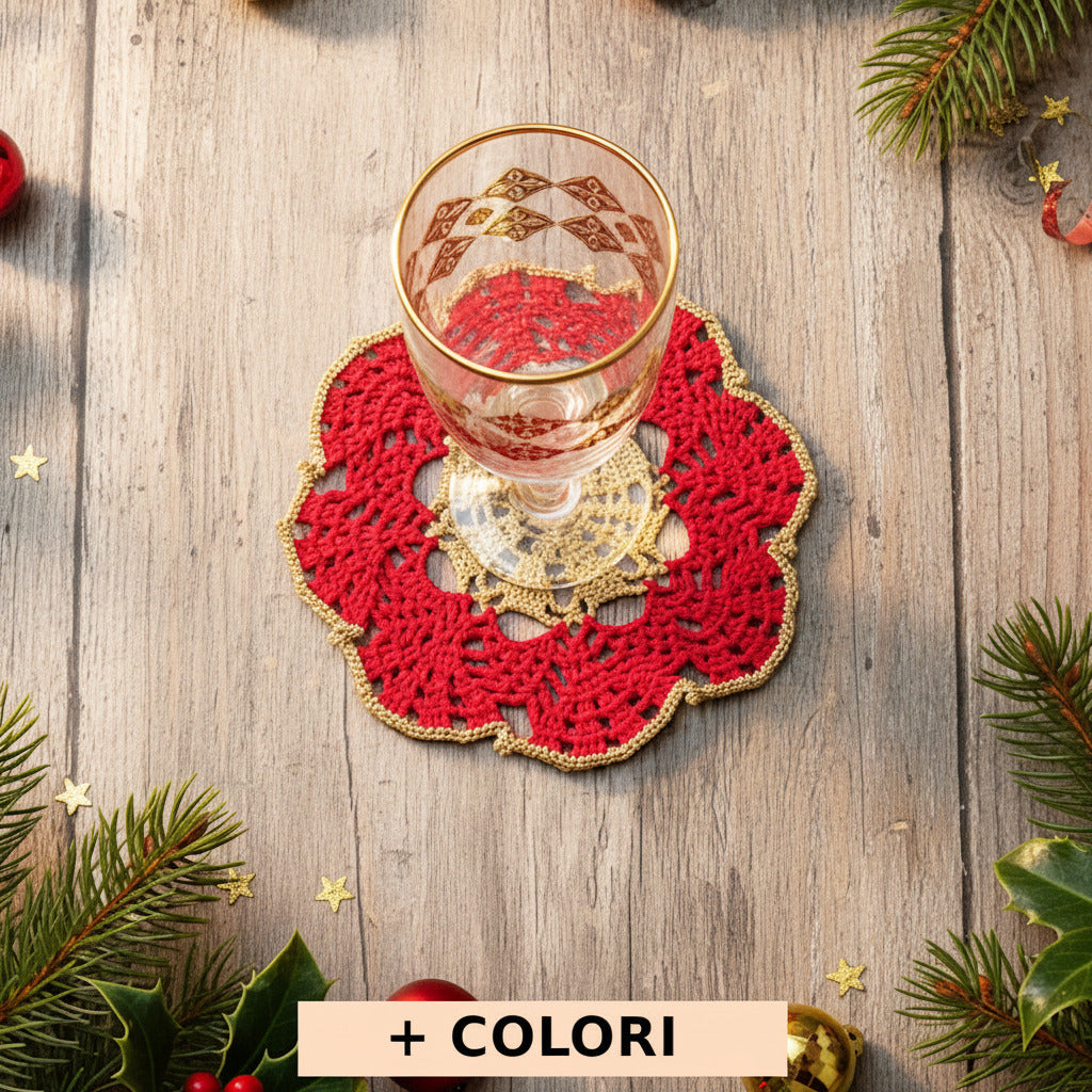 Sottobicchiere di Natale rotondo rosso e oro ad uncinetto 16 cm