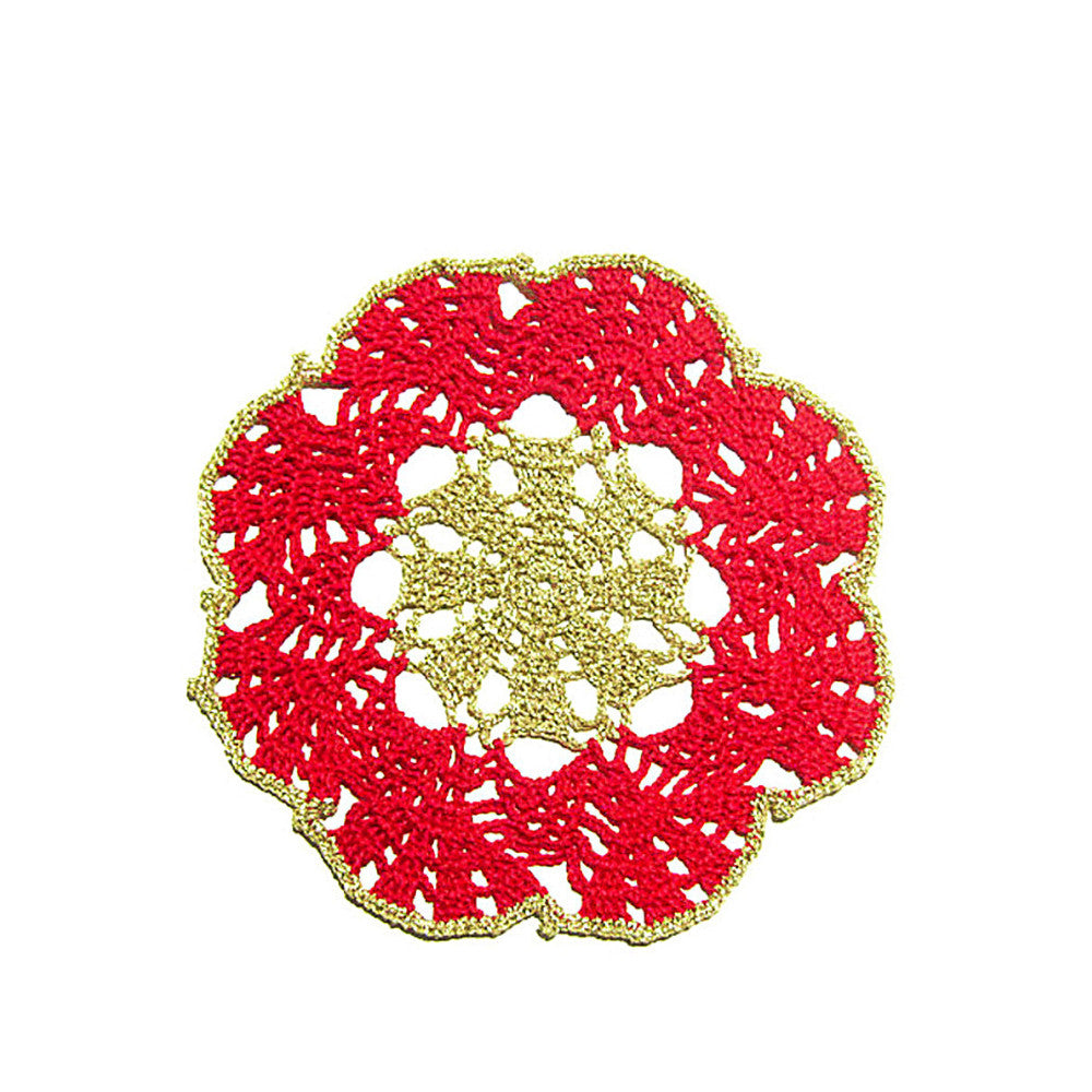 Sottobicchiere di Natale rotondo rosso e oro ad uncinetto 16 cm