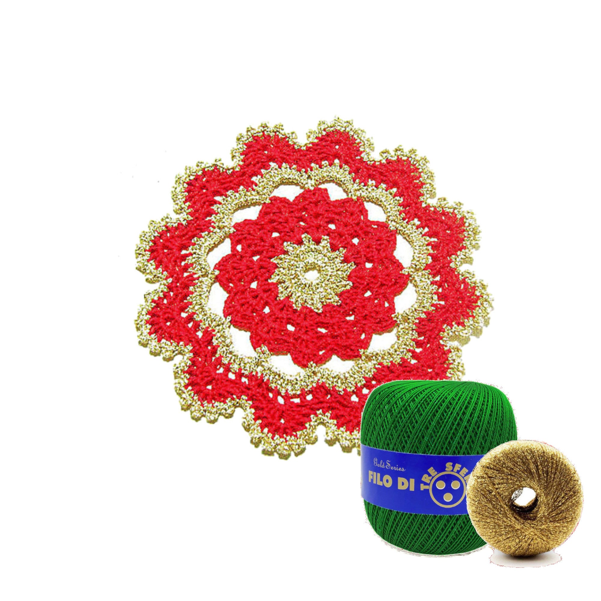 Sottobicchiere di Natale rotondo verde e oro ad uncinetto 15.5 cm