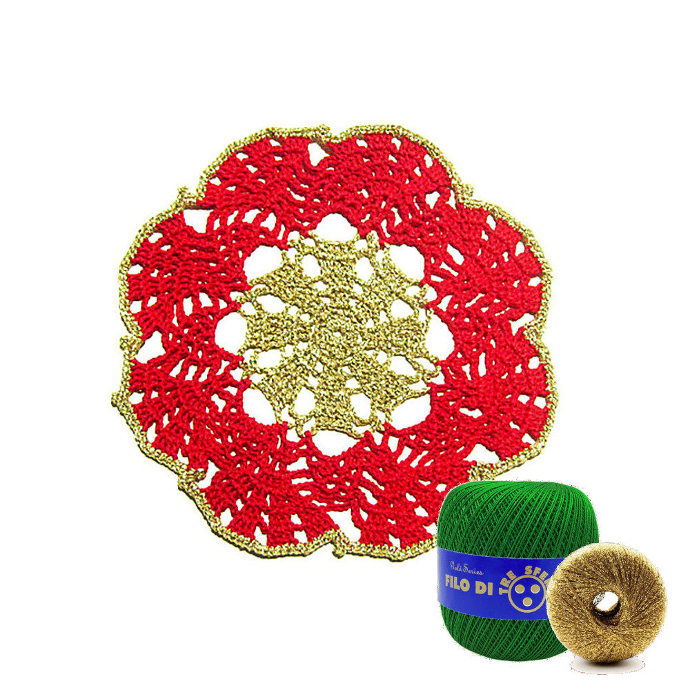 Sottobicchiere di Natale rotondo verde e oro ad uncinetto 16 cm