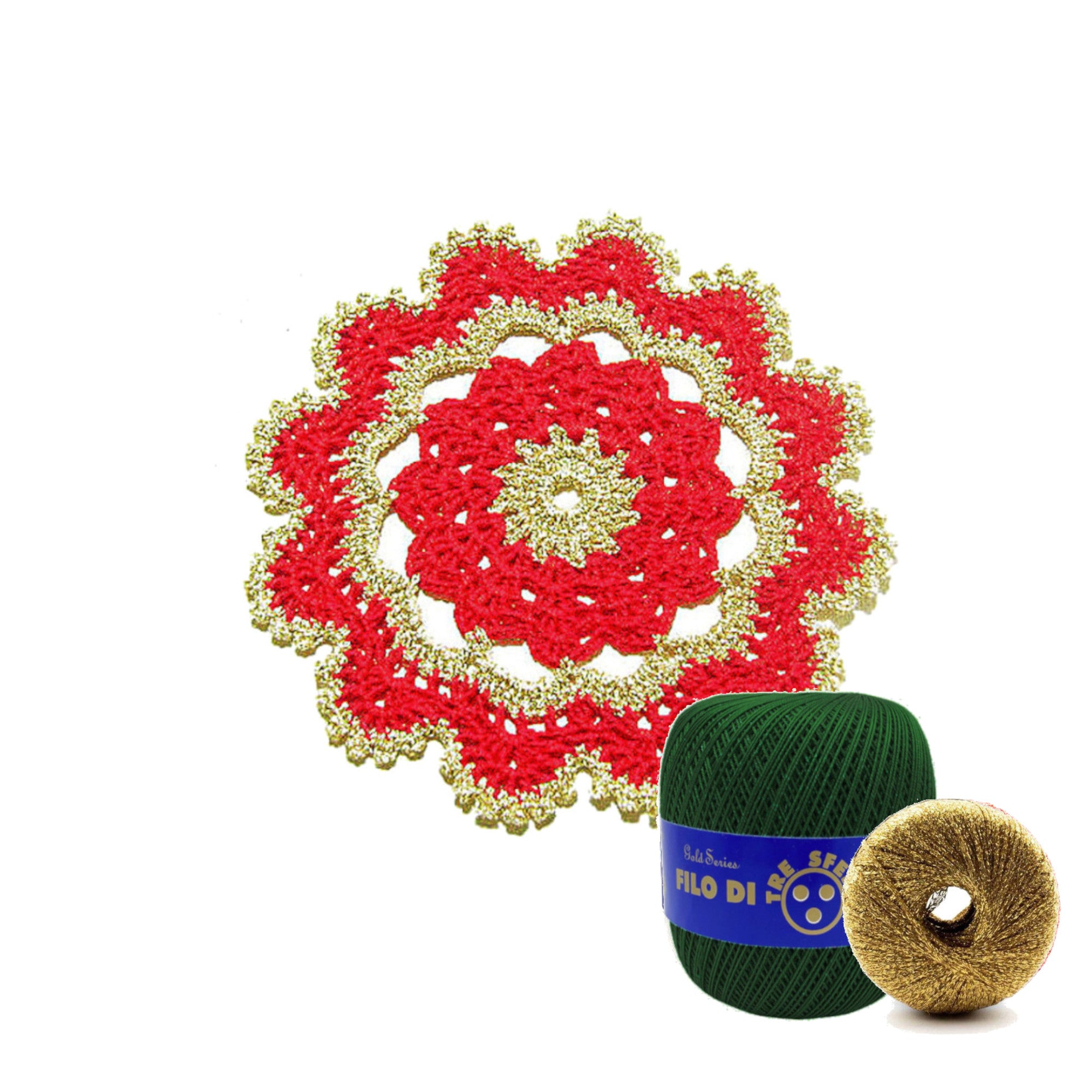 Sottobicchiere di Natale rotondo verde scuro e oro ad uncinetto 15.5 cm