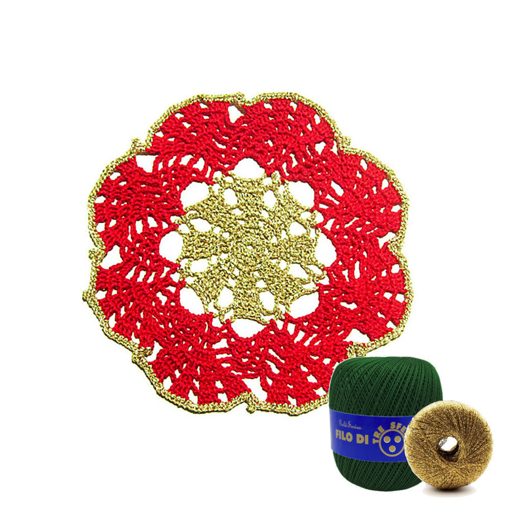 Sottobicchiere di Natale rotondo verde scuro e oro ad uncinetto 16 cm