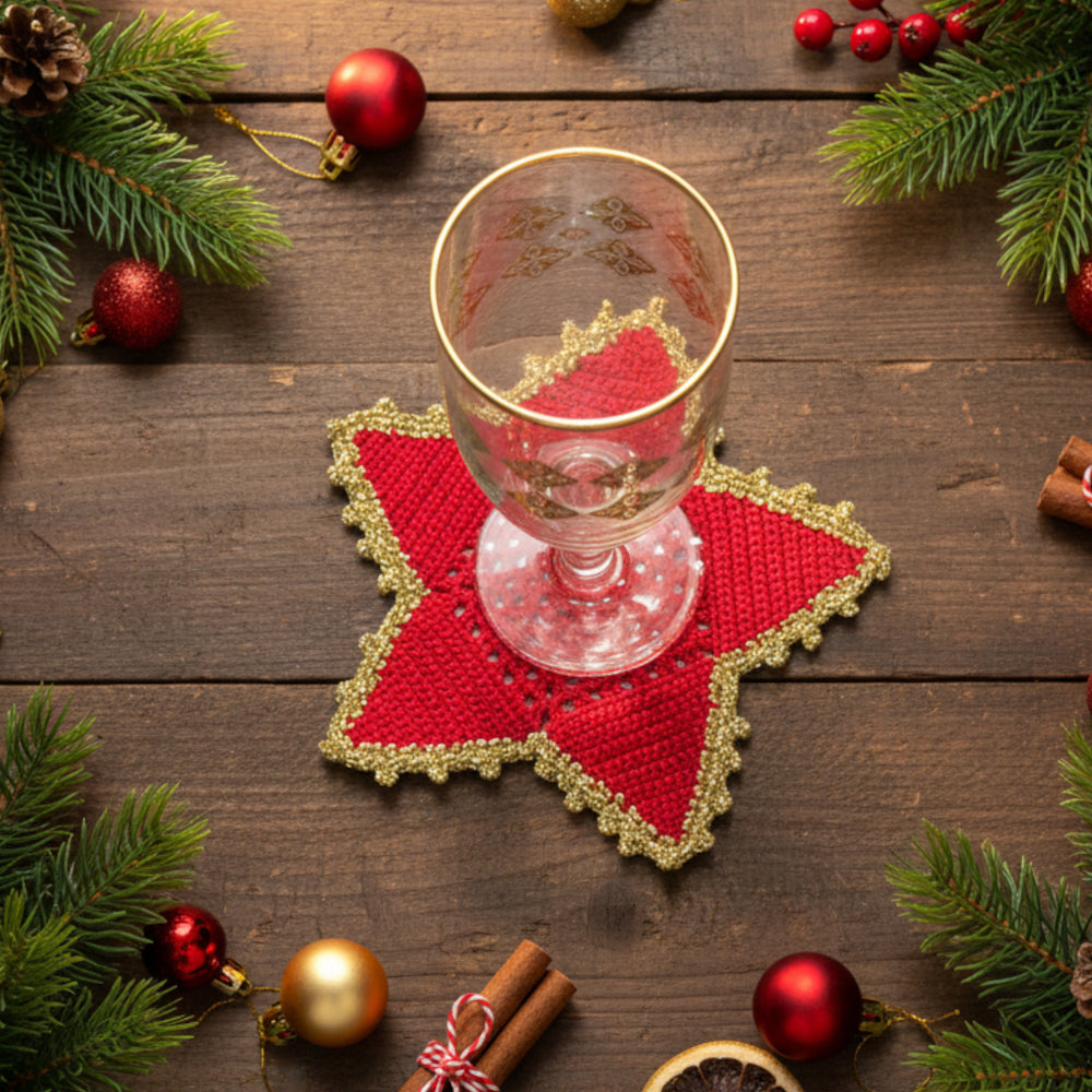 Sottobicchiere di Natale stella rossa e oro ad uncinetto 16 cm