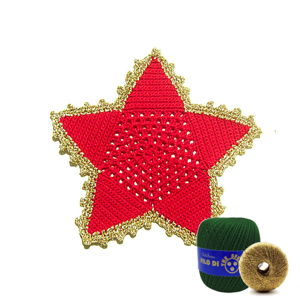 Sottobicchiere di Natale stella verde scuro e oro ad uncinetto 16 cm