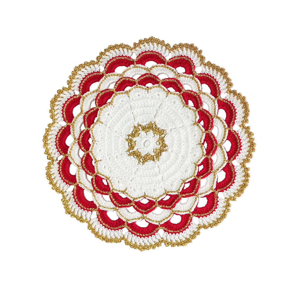 Sottopiatto di Natale Bianco Rosso e Oro ad uncinetto 26 cm