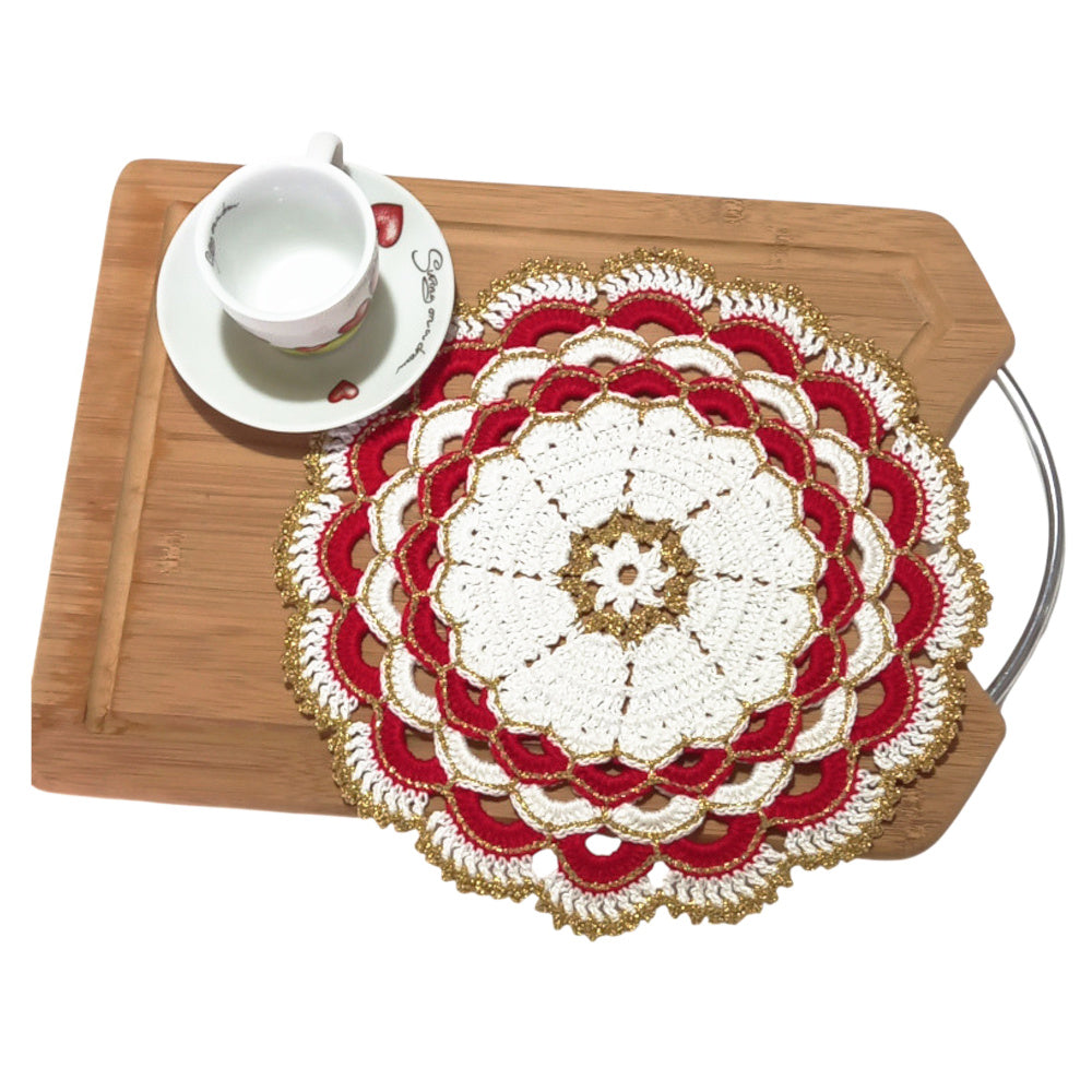 Sottopiatto di Natale Bianco Rosso e Oro ad uncinetto 26 cm