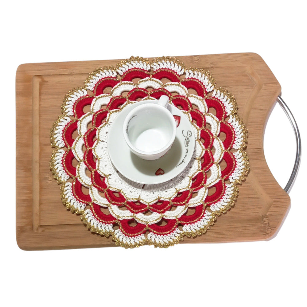 Sottopiatto di Natale Bianco Rosso e Oro ad uncinetto 26 cm