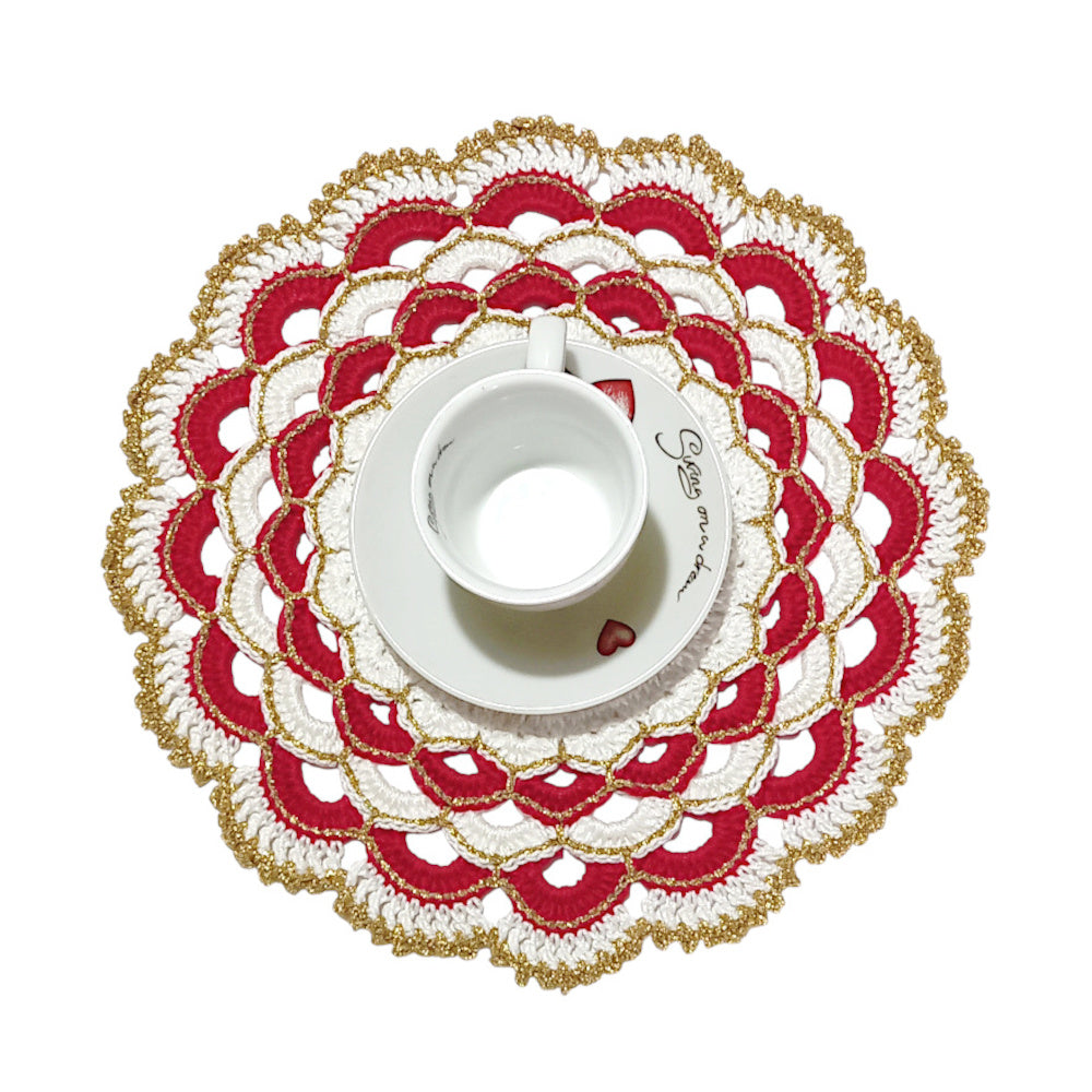 Sottopiatto di Natale Bianco Rosso e Oro ad uncinetto 26 cm