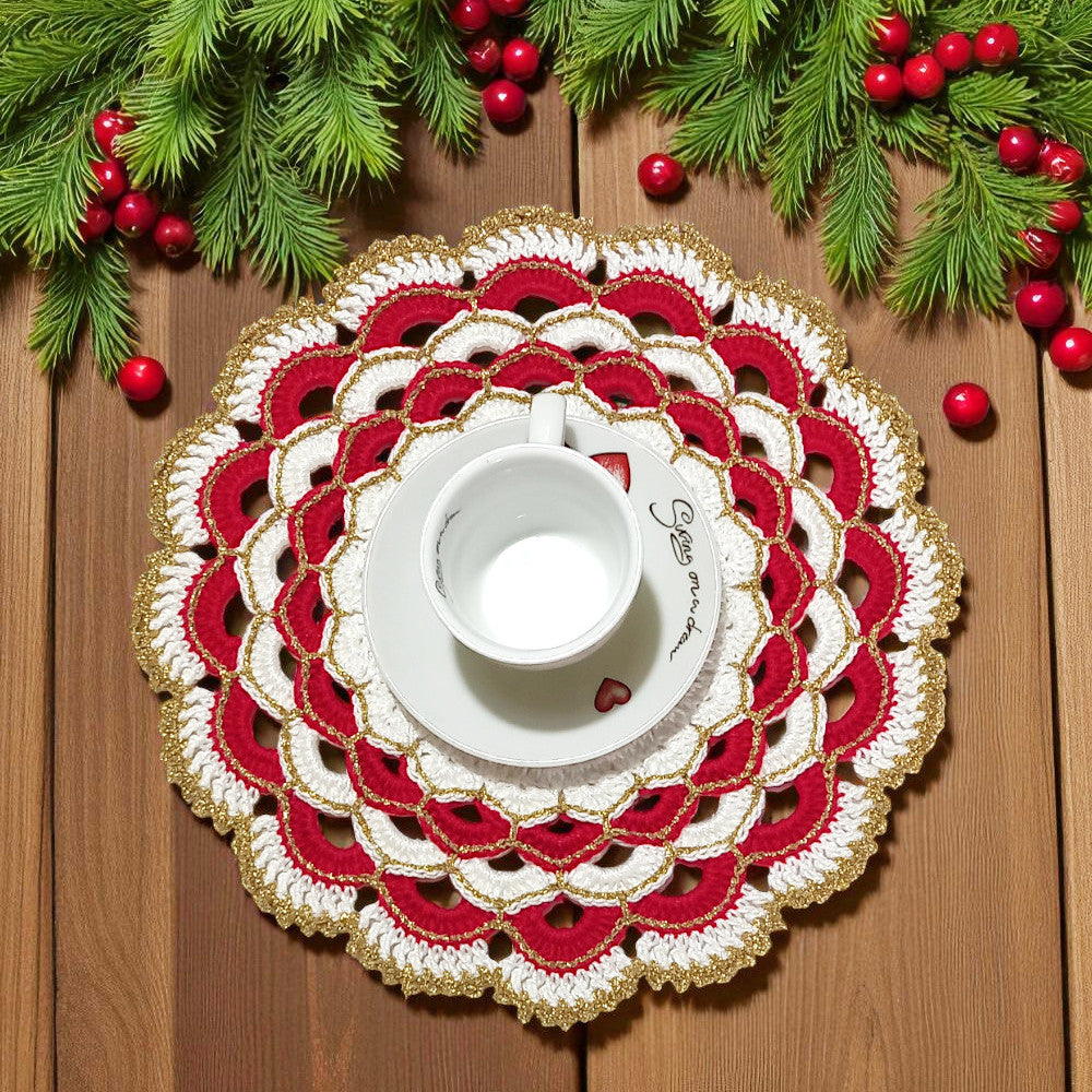 Sottopiatto di Natale Bianco Rosso e Oro ad uncinetto 26 cm