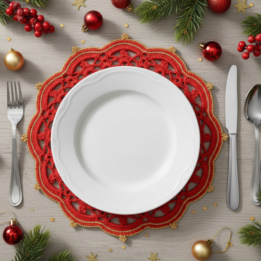 Sottopiatto di Natale Rosso e Oro ad uncinetto 35 cm