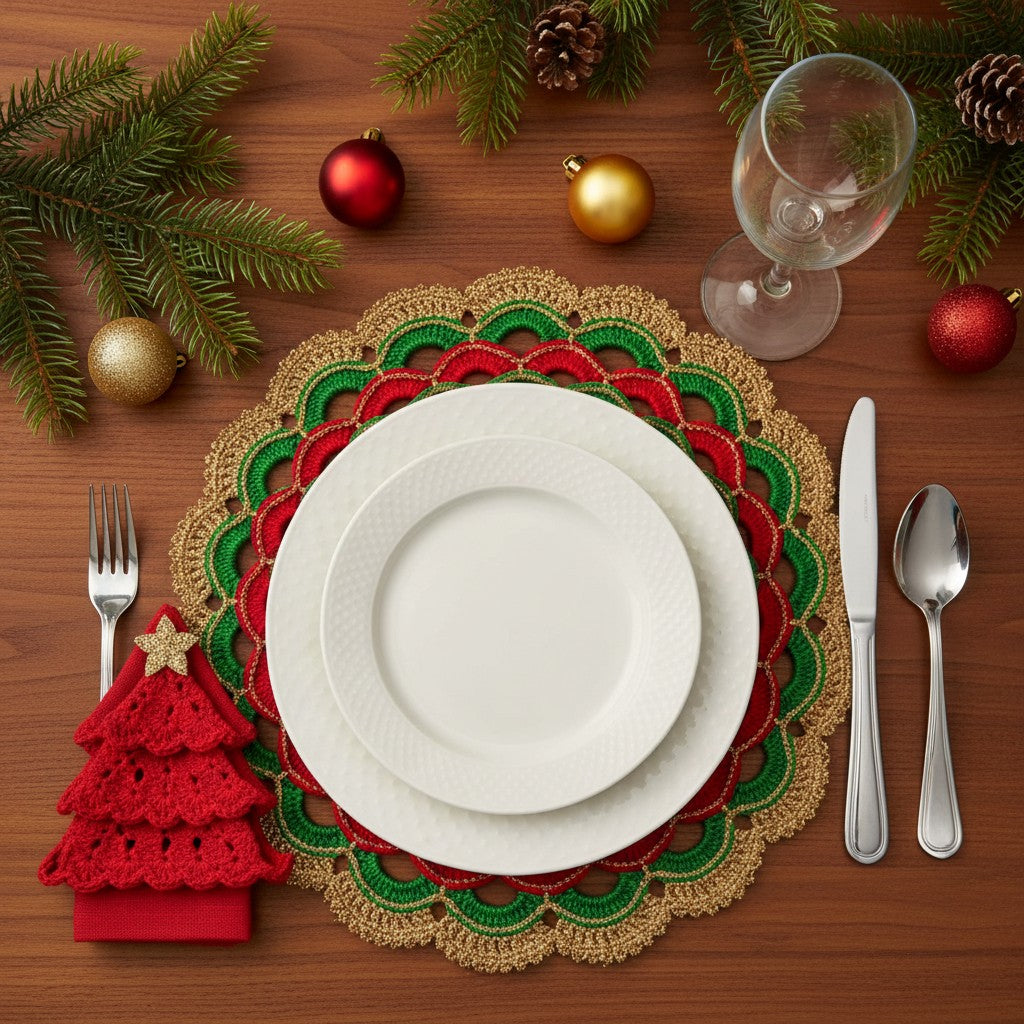 Sottopiatto di Natale Verde Rosso e Oro ad uncinetto