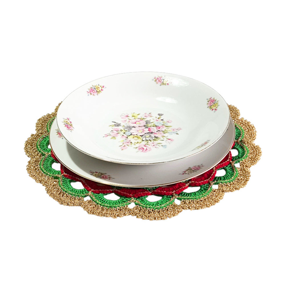 Sottopiatto di Natale Verde Rosso e Oro ad uncinetto
