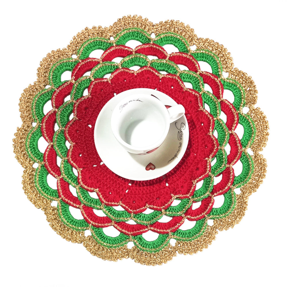 Sottopiatto di Natale Verde Rosso e Oro ad uncinetto