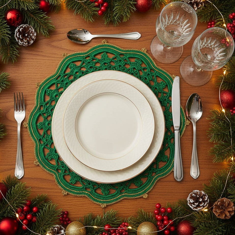 Sottopiatto di Natale Verde Rosso e Oro ad uncinetto 36 cm