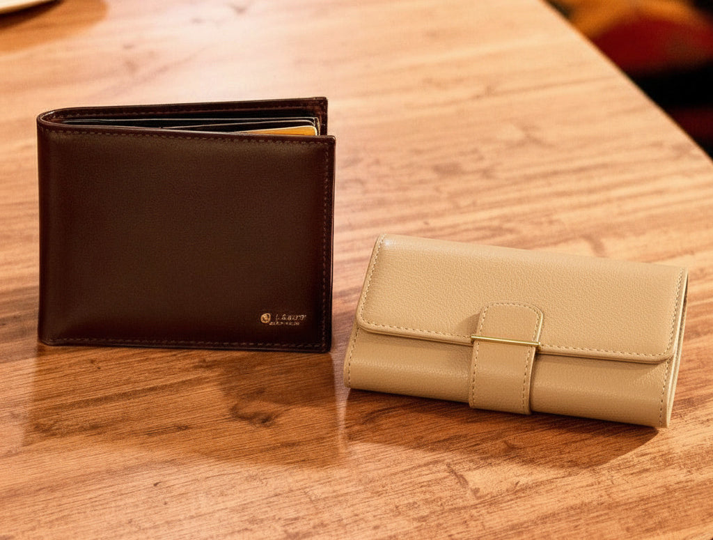 portafoglio marrone uomo e beige donna